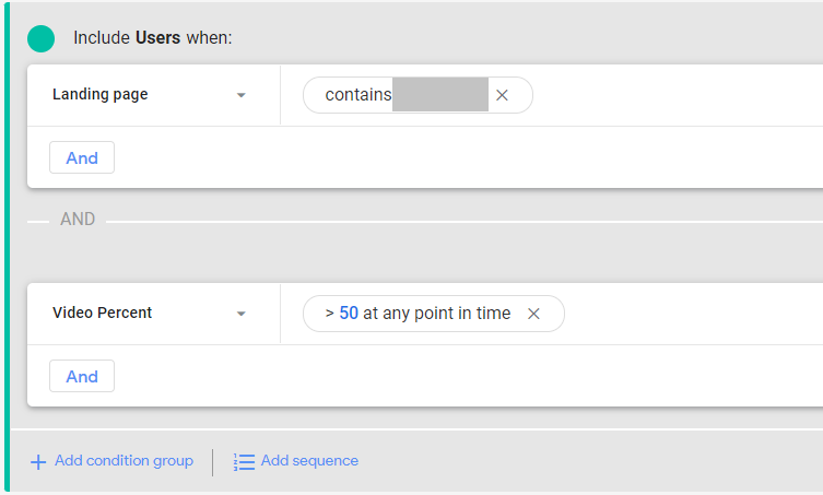 The two key pieces of information to input would be “page” AND “video percent” (not “OR”).