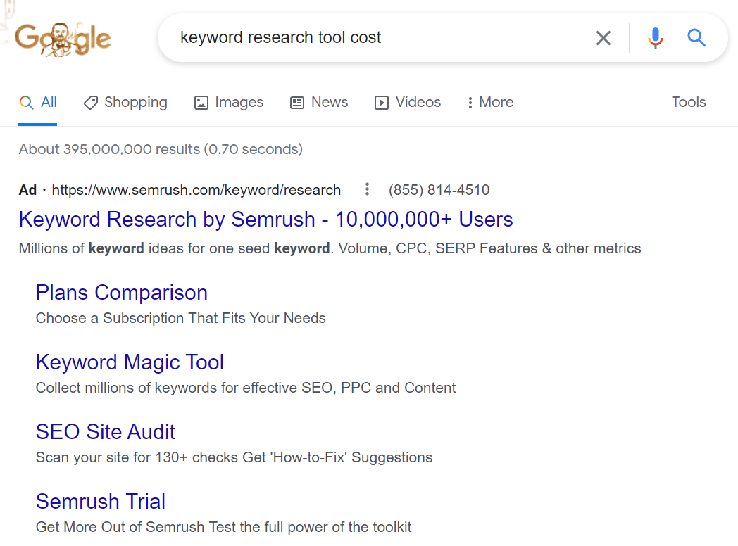 A sample search of keyword research tool costs with an ad showing.