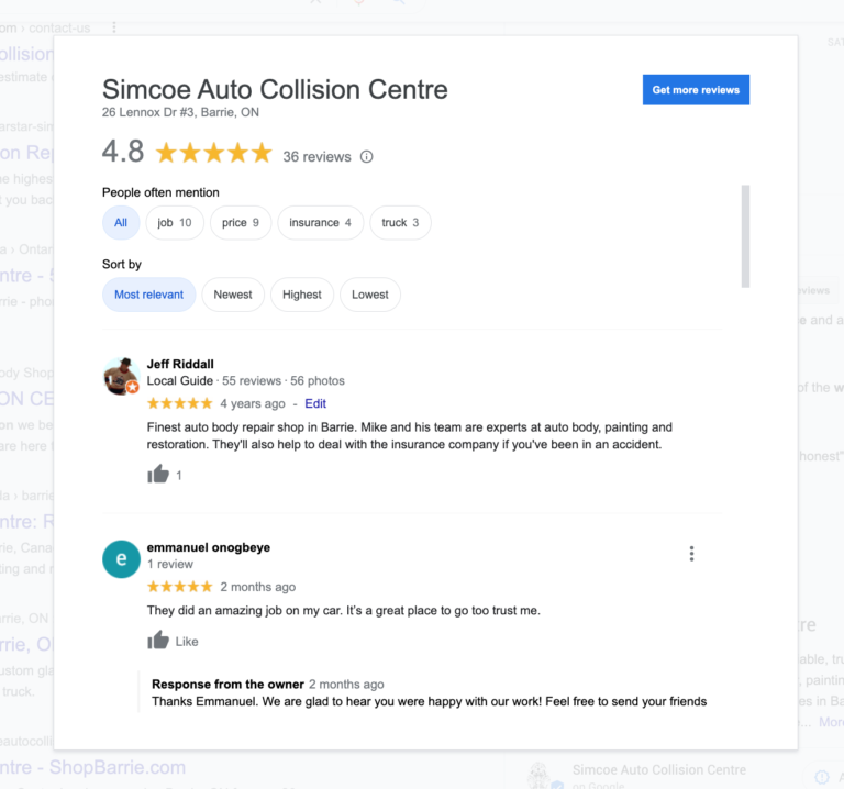 Reviews on Google Business Profile