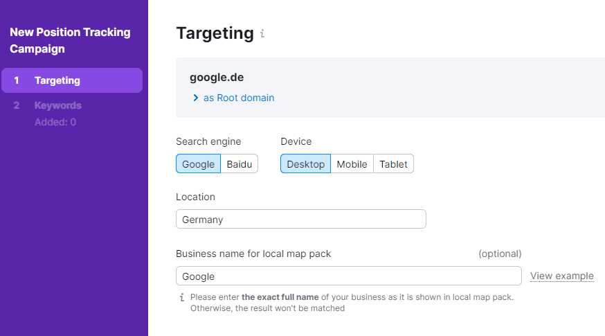 Example of Semrush’s keyword position tracking tool for German keywords