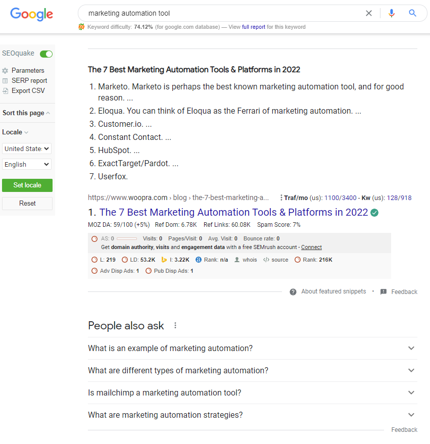 US English SERPs for “marketing automation tool” using SEOquake