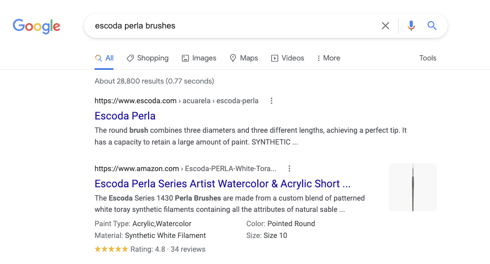 Example from Google SERP of product schema and transaction keyword