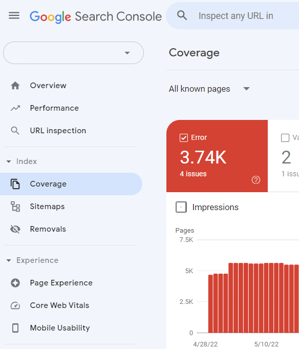 Screenshot of Search Console Coverage Report