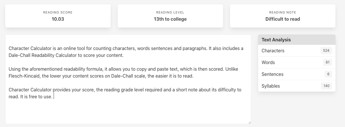 Character Calculator Readability Scores