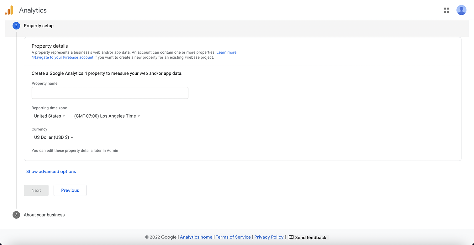 Google Analytics property setup screen