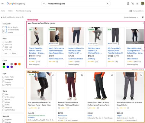 Google Shopping search results for men's pants
