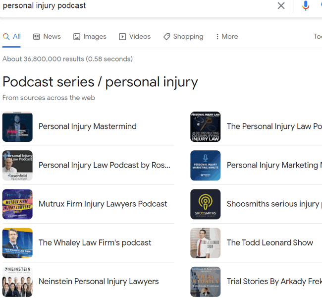 Screenshot of personal injury podcasts in Google search results