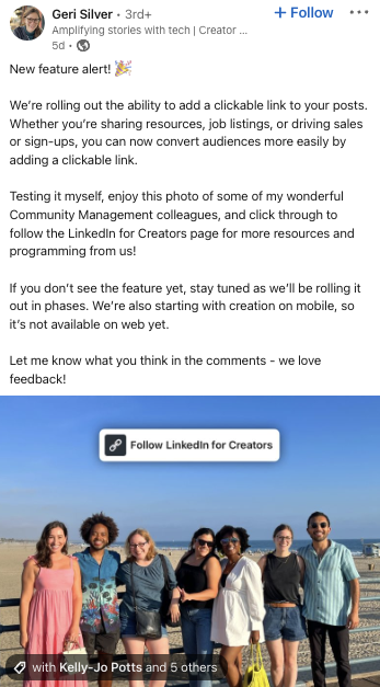 LinkedIn 可让您向照片帖子添加可点击的链接