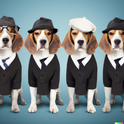 4 beagles in suits