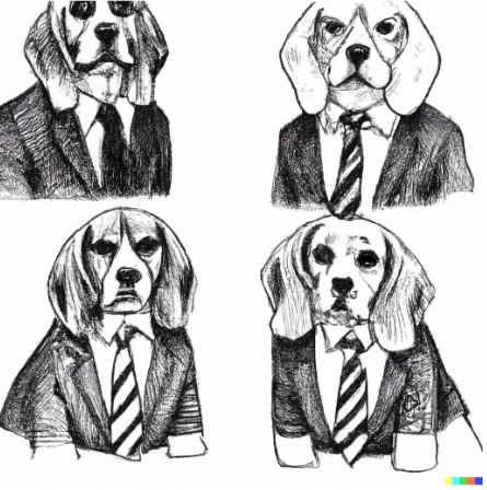 Drawing of four beagles in business suits.