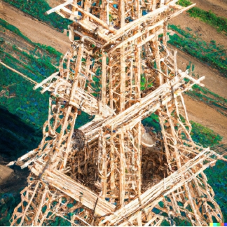 Photograph of the Eiffel Tower built, rebuilt with sticks of bamboo.