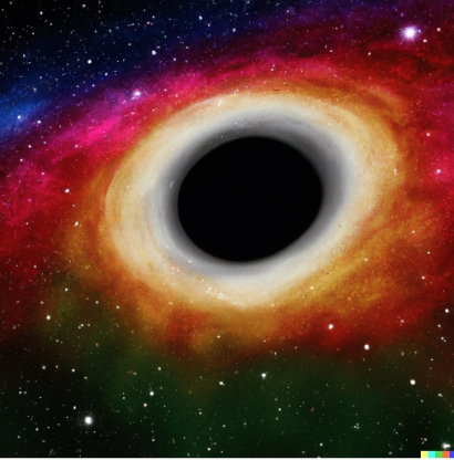 A photo taken in the pitch-black darkness of outer space surrounded by a black hole.