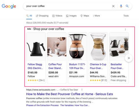 Google search results page for pour over coffee showing shopping ads