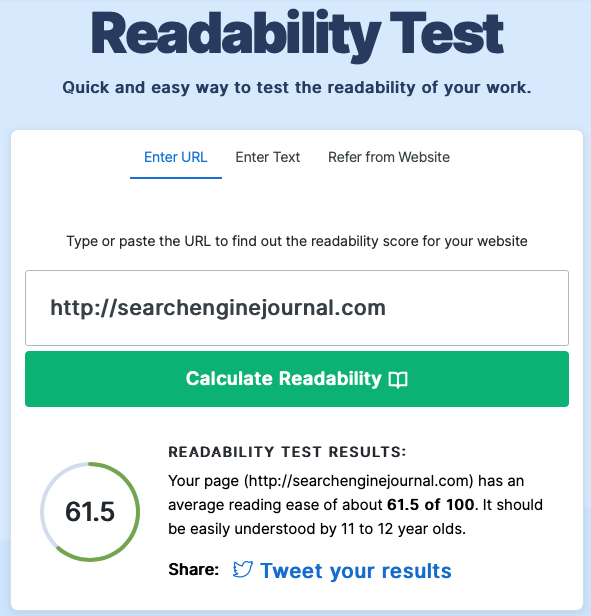 Readability Test Tool from Webfx: Blog Writing Tools