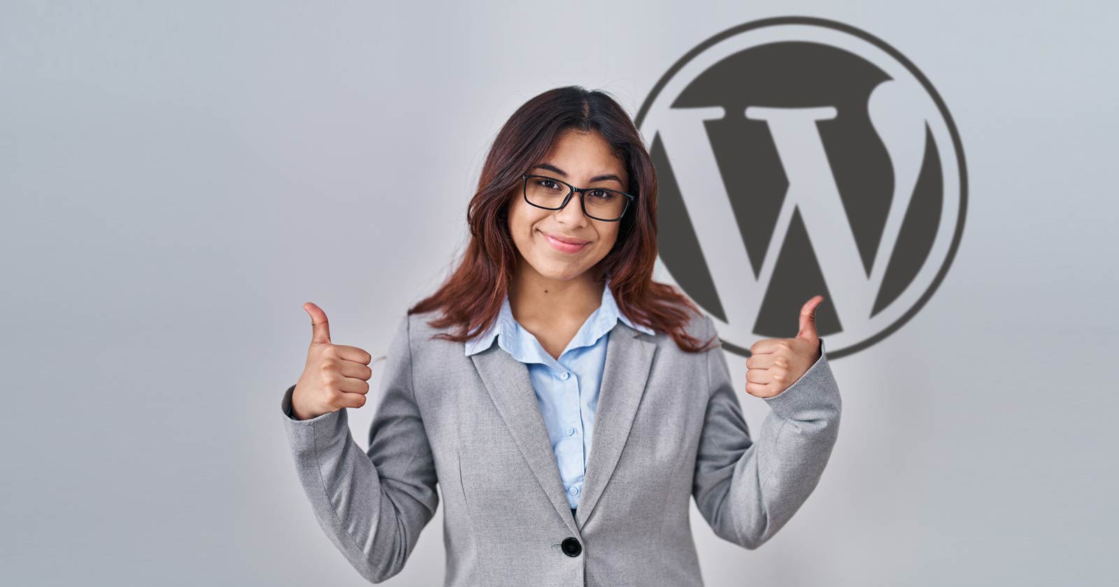 Image of a woman making the thumbs up sign with WordPress logo behind her