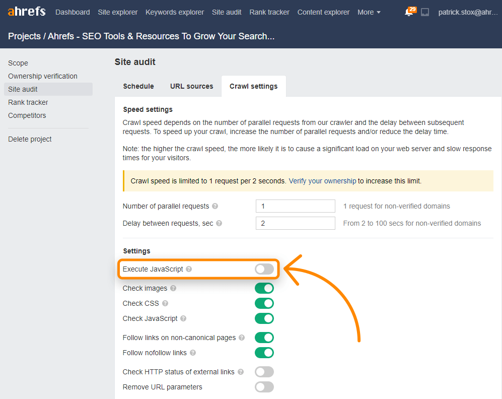 ahrefs add javascript for site audit