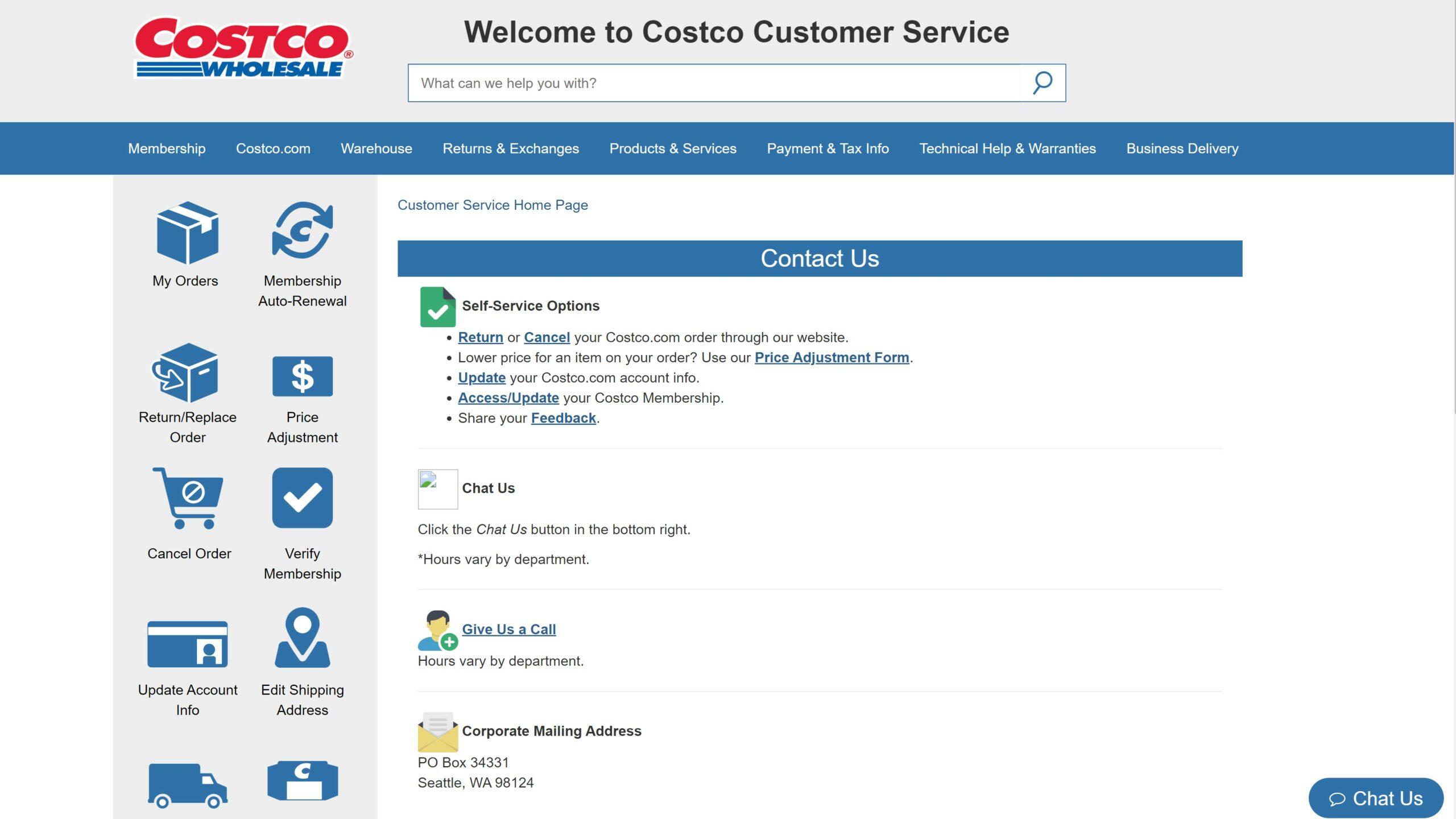 Costco contact us page
