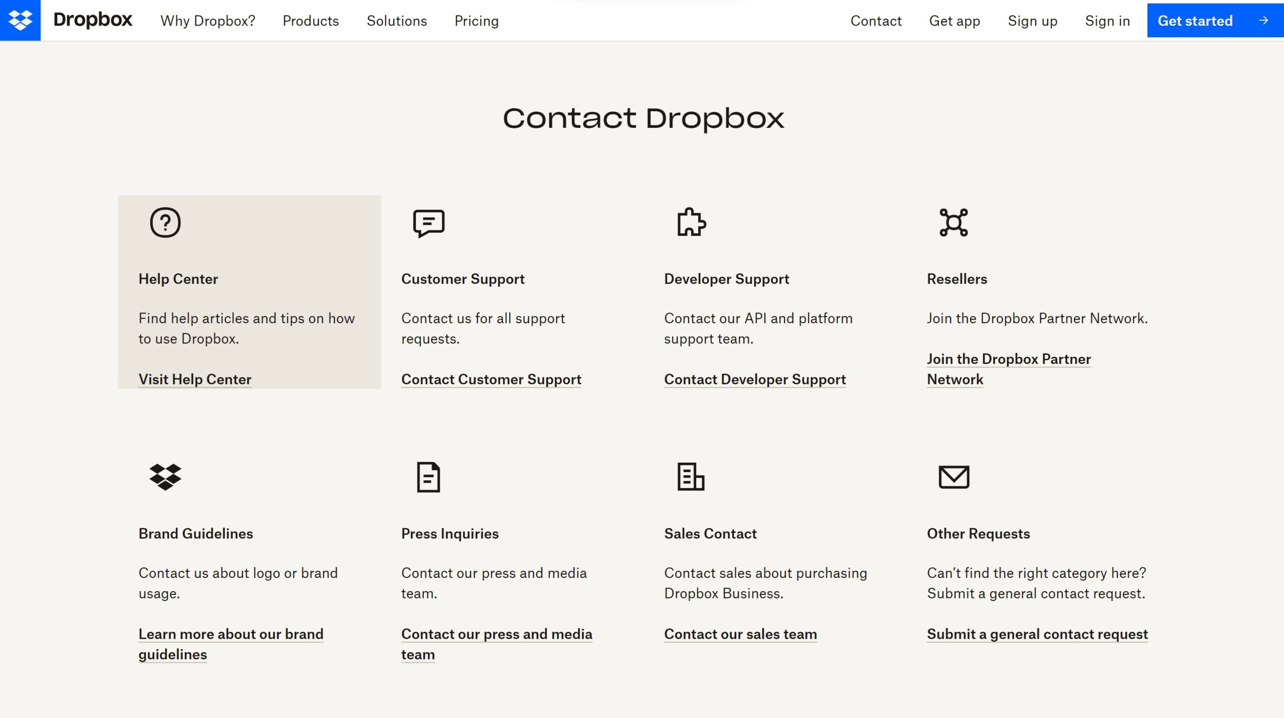 Page de contact de Dropbox