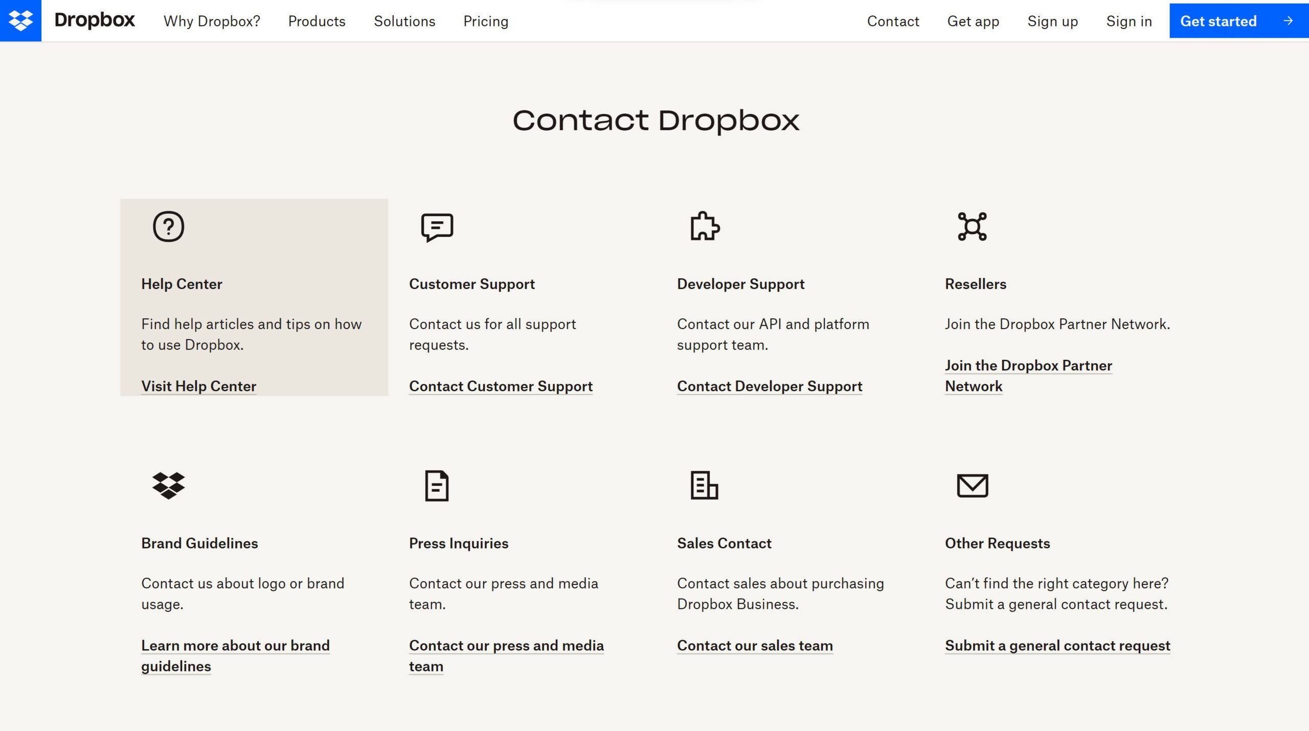 Dropbox contactez-nous page