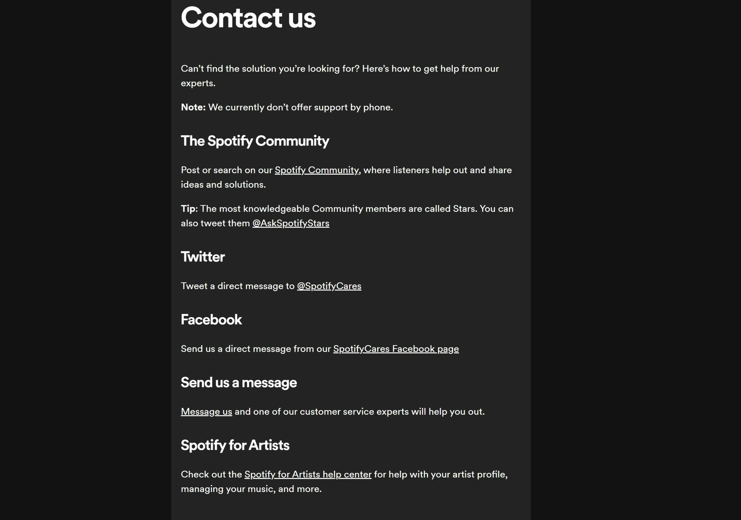 Spotify contact us page