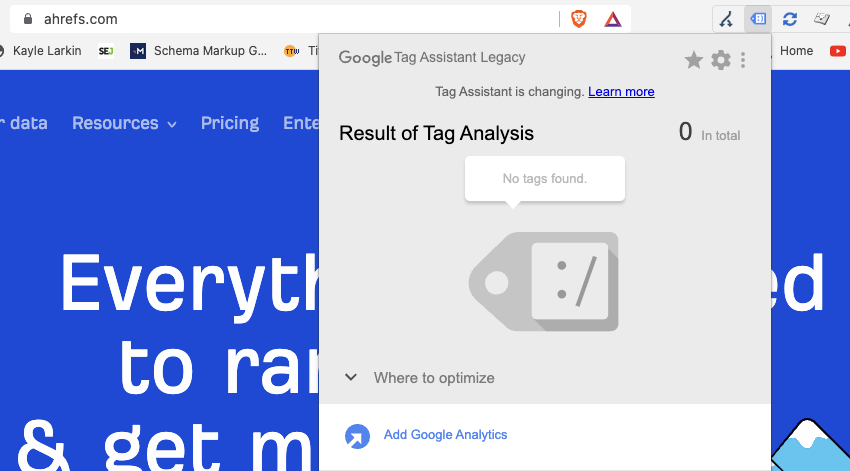 Nenhum exemplo de site do Google Analytics no Ahrefs de legado de tags do Google