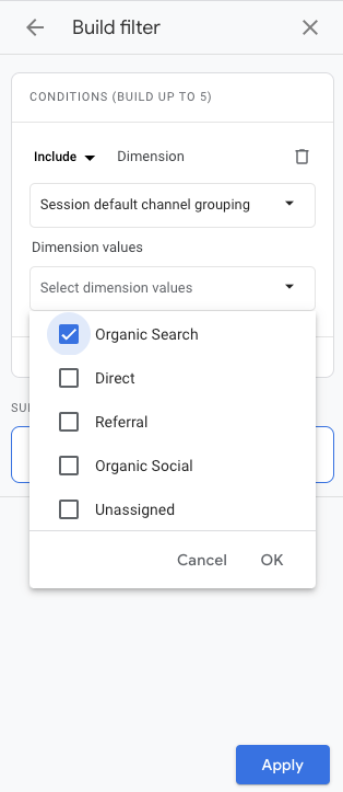 Google Analytics filter report by Organic Search