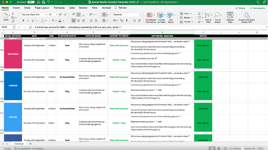 screenshot of excel calendar for social media content