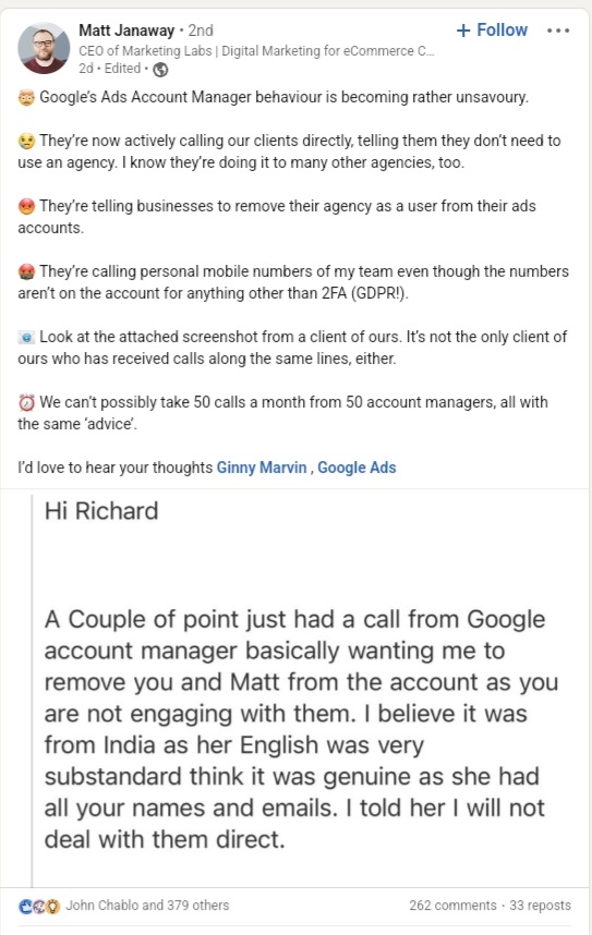 Google Ads Account Managers Shouldn’t Contact Clients Directly
