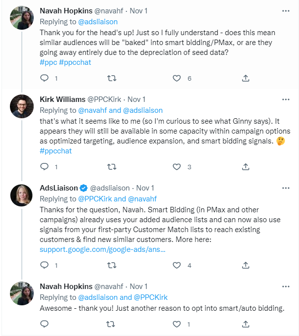 Discussion around Similar Audience transition in Google Ads on Twitter