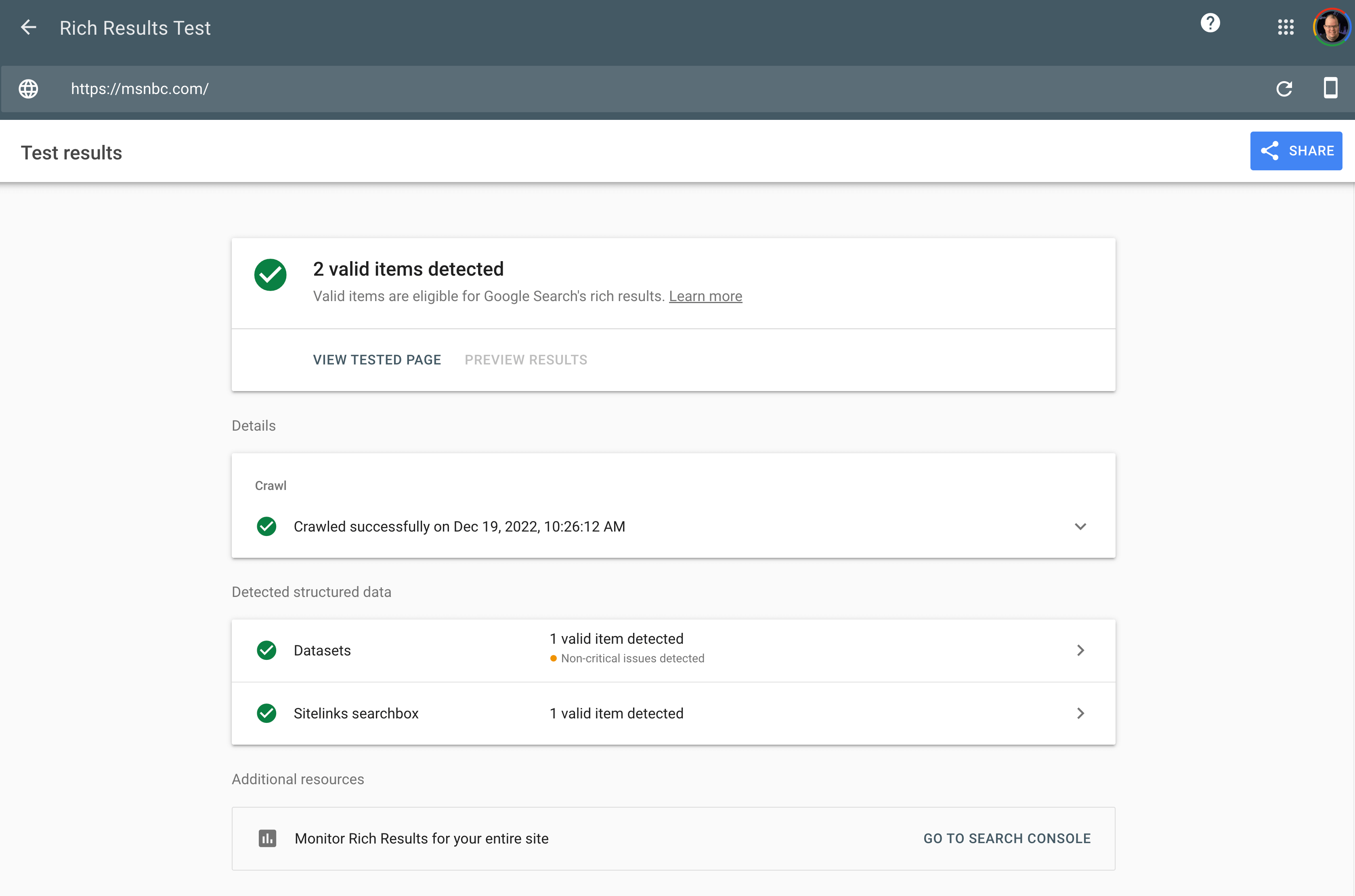 Screenshot showing the user interface of the Google Rich Results Testing Tool.