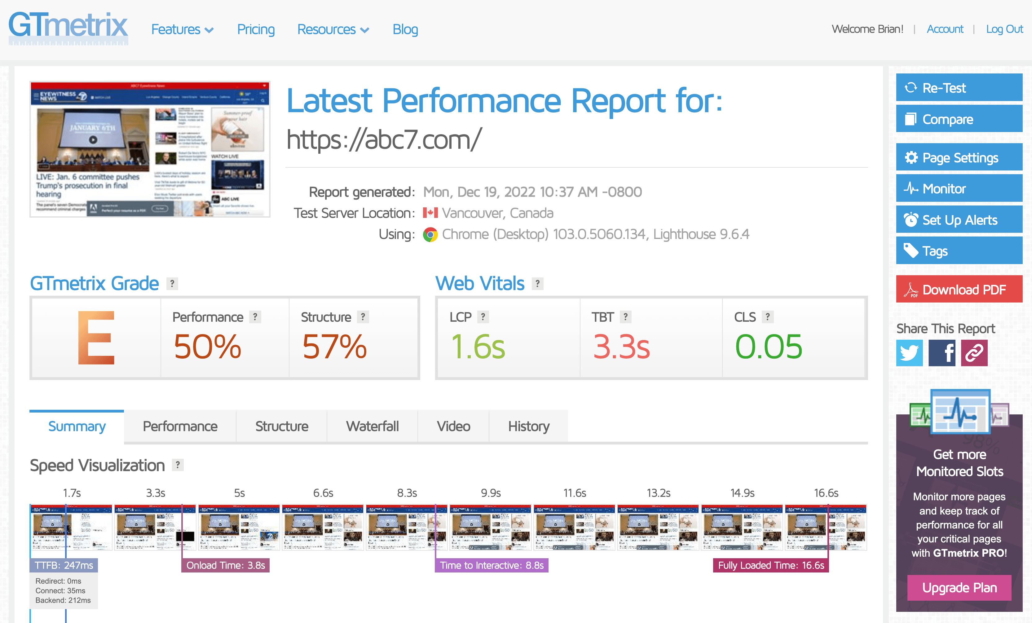 Screenshot of GTMetrix report showing its output of page speed performance.