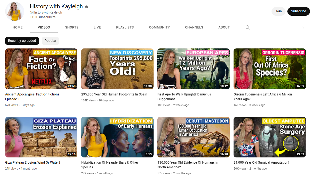 screenshot of "History with Kayleigh" YouTube channel