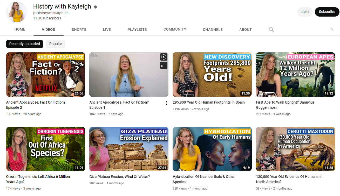 Screenshot of the "History with Kayleigh" YouTube channel