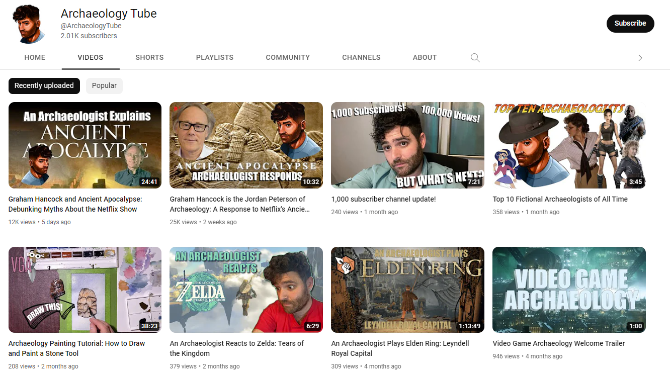 Screenshot of "Archaeology Tube" YouTube channel