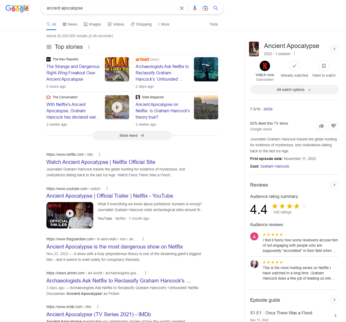 Screenshot of Google search results for [ancient apocalypse]