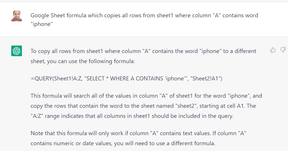 Google Sheet Formula ChatGPT