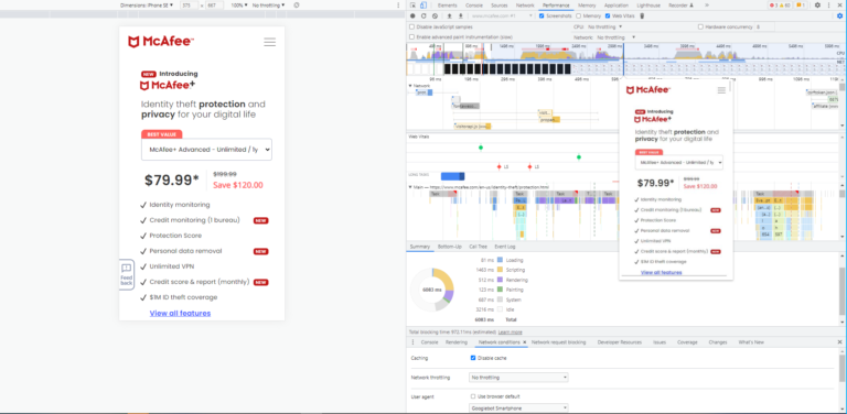 chrome dev tools performance panel screenshot mobile device view