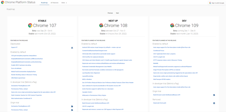 Chrome platform status screenshot