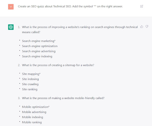 SEO quiz created by chatbot