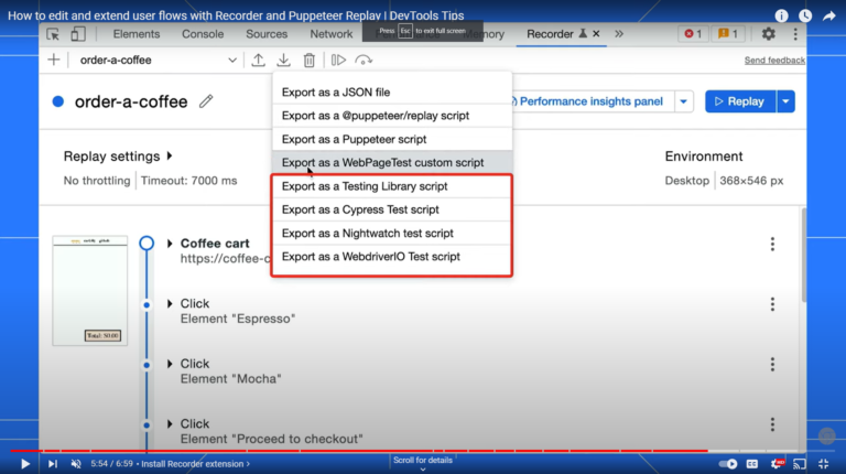 google chrome developers chrome devtools new recorder panel export youtube screenshot