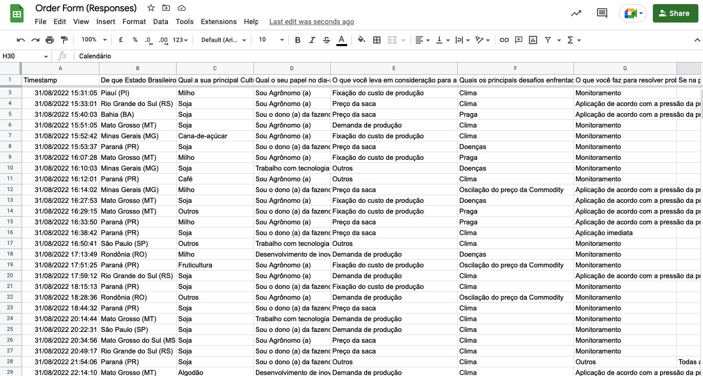 order forms responses to a Google forms survey