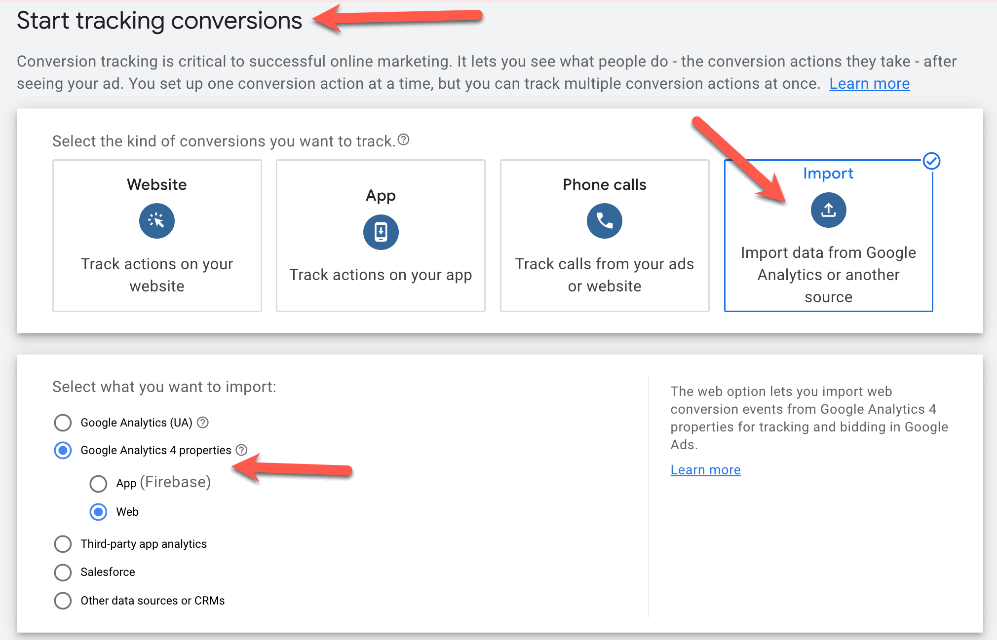 screenshot shows that when importing a goal from google analytics it is necessary to select google analytics 4 properties