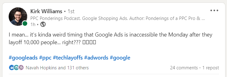 Advertisers react to Google Ads outage on LinkedIn.