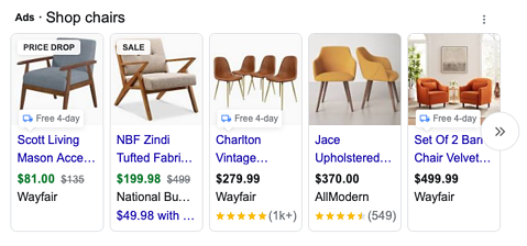 ผลการค้นหาโฆษณา Google สำหรับเก้าอี้