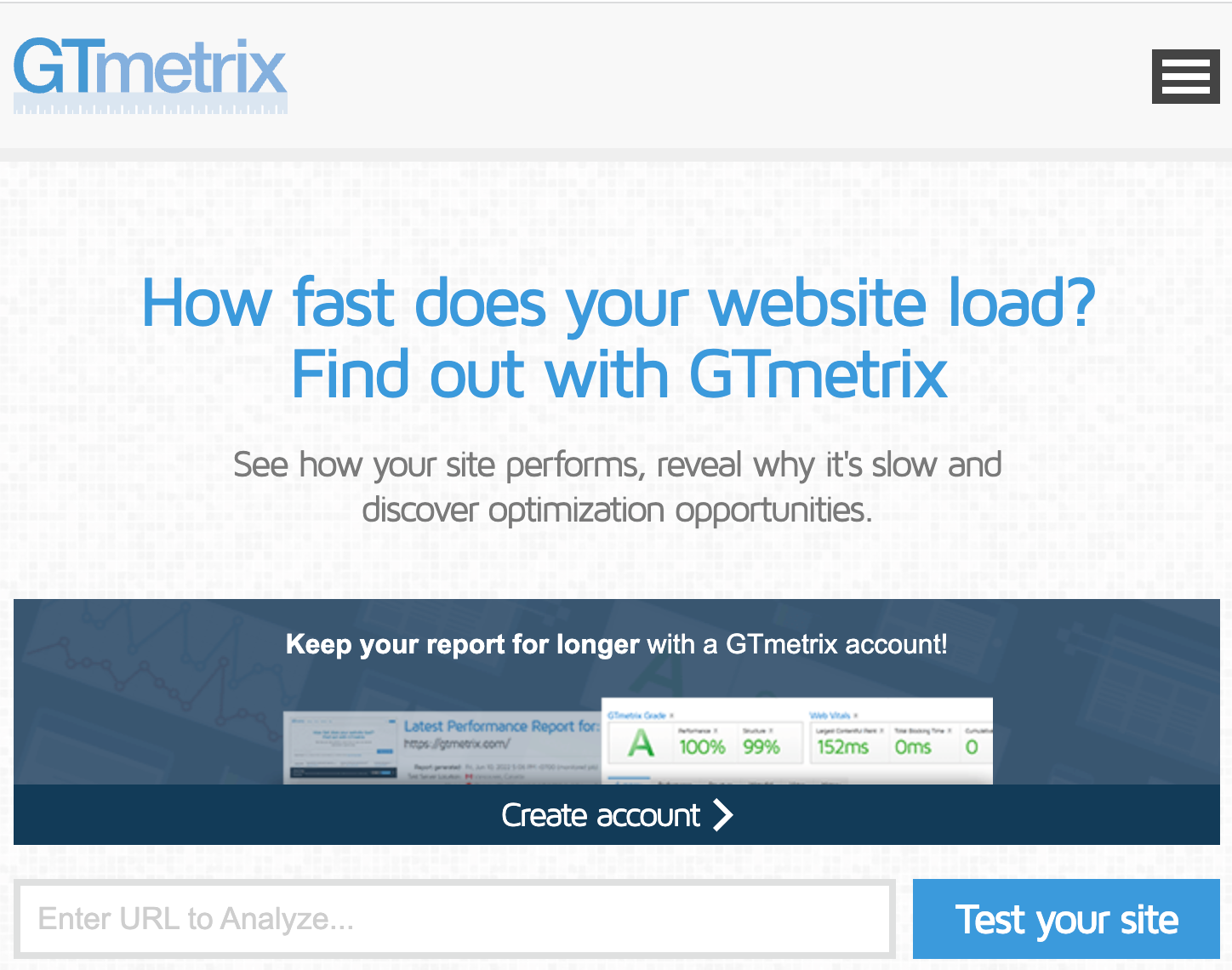 GTmetrix homepage interface