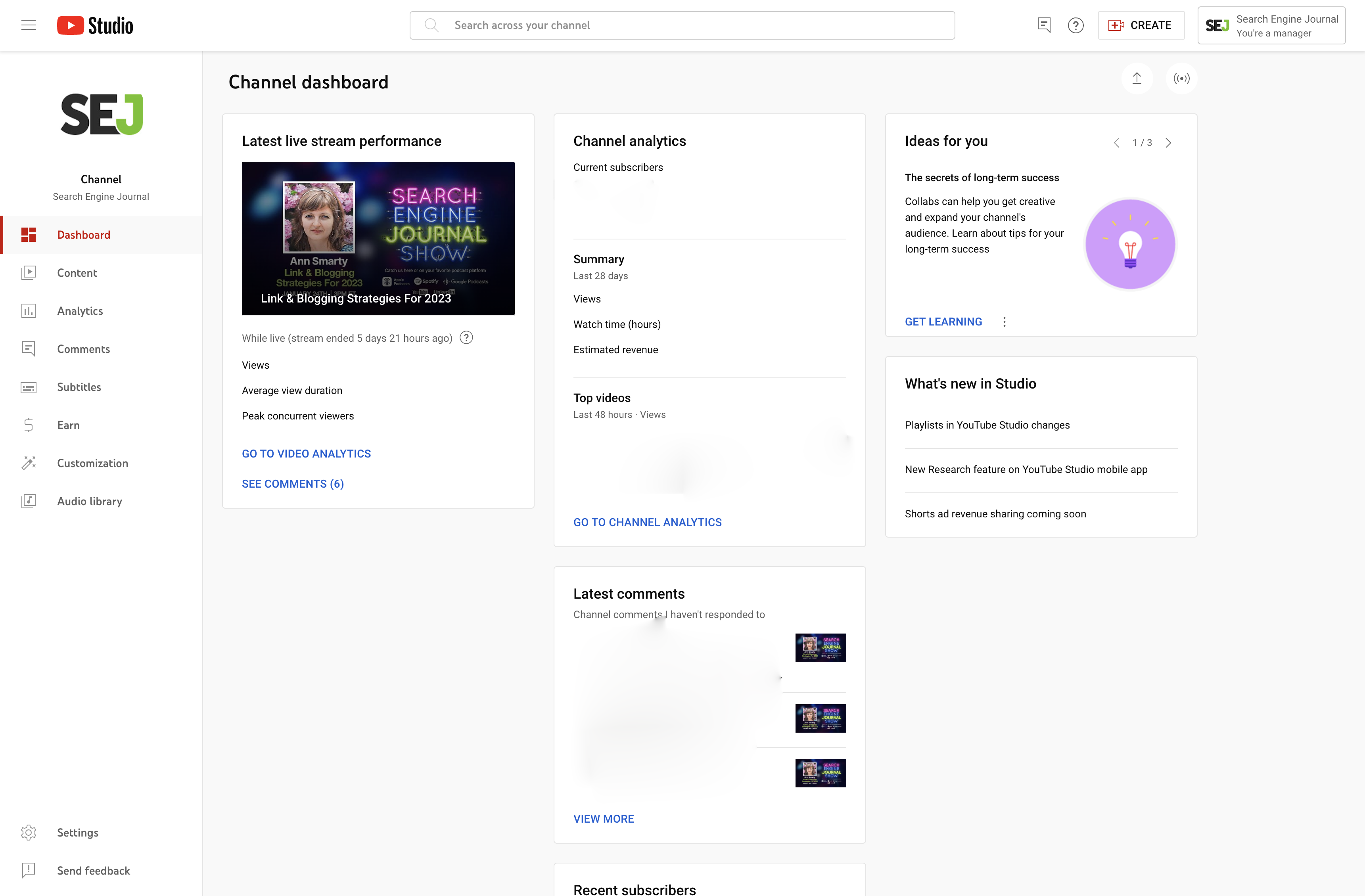 screenshot of SEJ YouTube Analytics