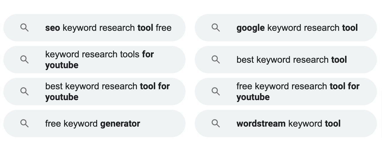 Screenshot of related searches section of search query “best free keyword research tools,” Google, February 2023.
