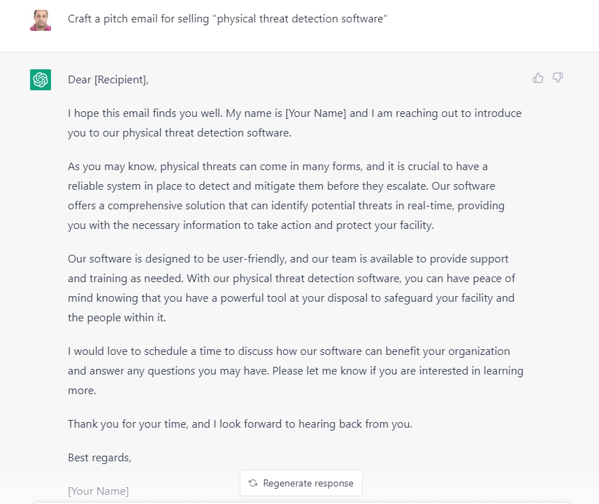 Pitch email example generated by ChatGPT