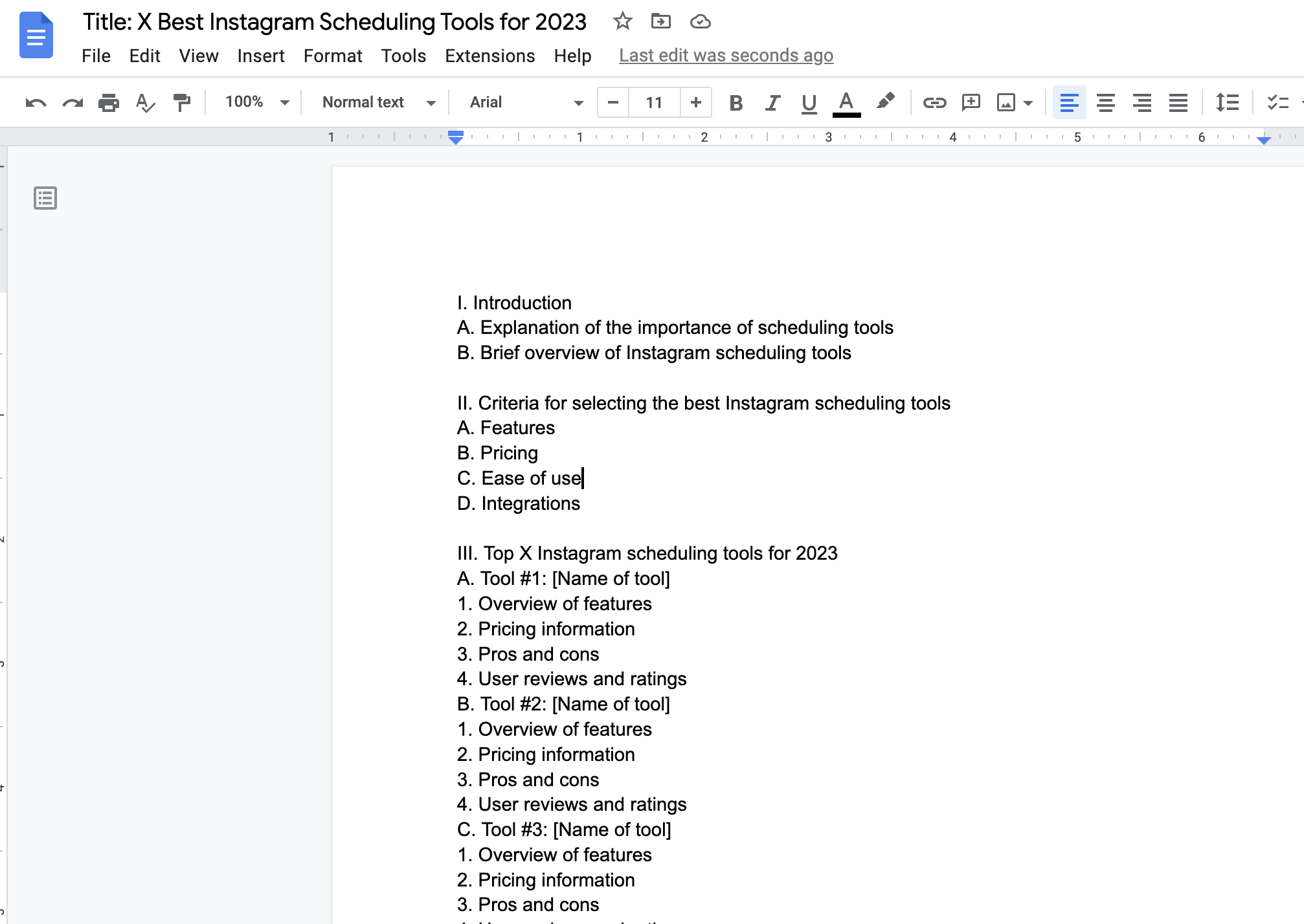 Google Docs outline for 