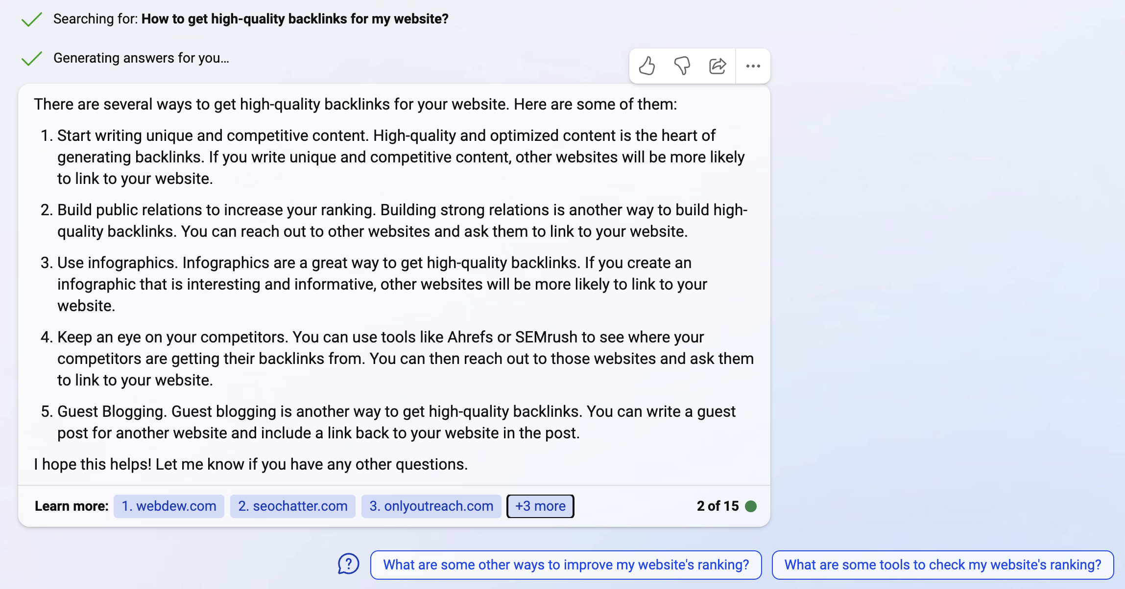 Bing AI response to prompt: how to get high quality backlinks